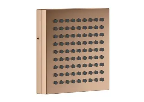 Showerkopf mit quadratischer Oberfläche und schwarzem Düsenmuster, hergestellt von AXOR, in einer polierten Goldfarbe. Eignet sich für die Deckendmontage.